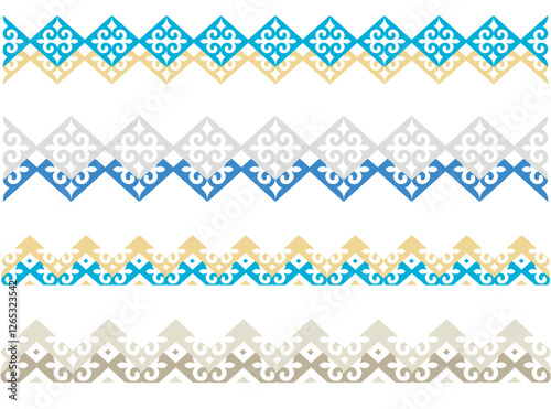 Set of kazakh ornamental borders frame. For design, wallpaper, card, banner, flyer. Ethnic ornament, national ornament of Kyrgyz, Mongol, Buryat, Kalmyk. Simple abstract Minimal ornament texture.  