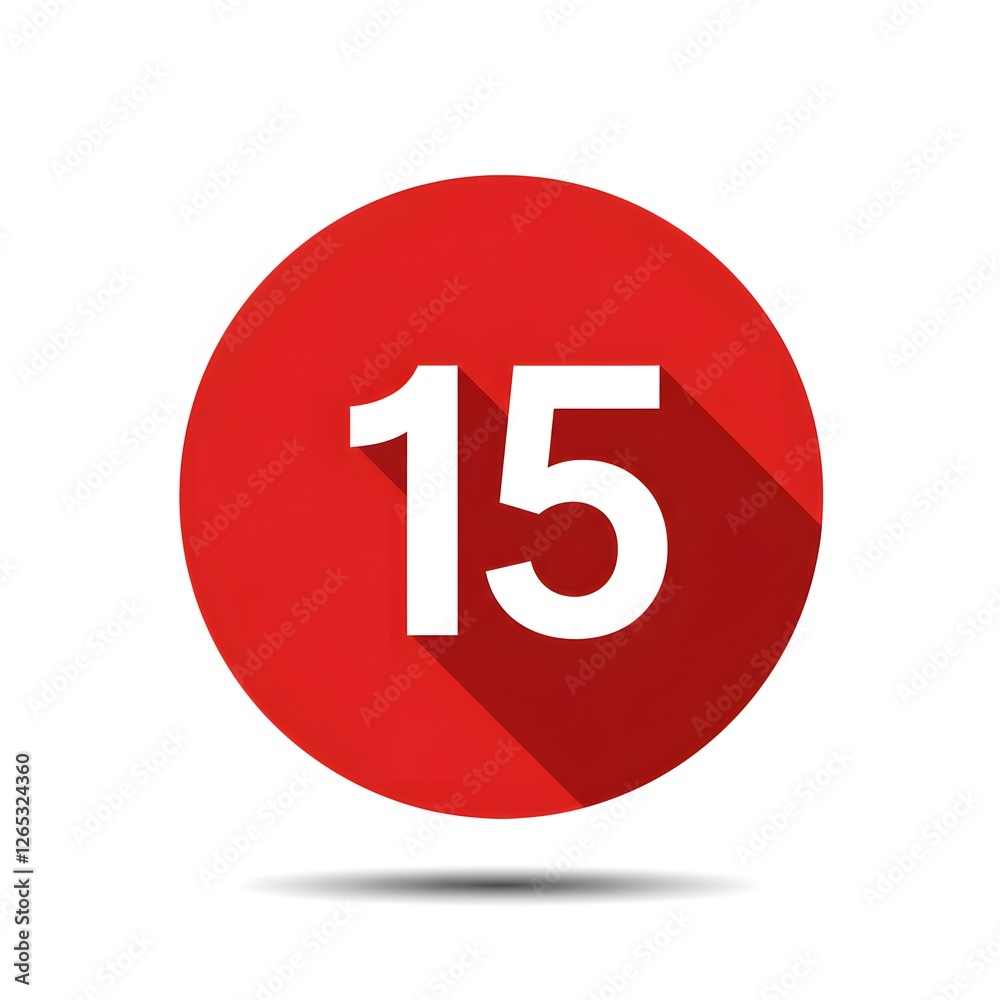 Fifteen Number in White on Red Circle with Long Shadow Fifteen Number in White on Red Circle with Long Shadow