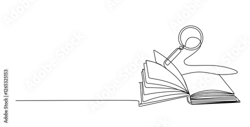 Open book with magnifying glass in continuous line art drawing style. Symbol of research and knowledge. Black linear design isolated on white background.
