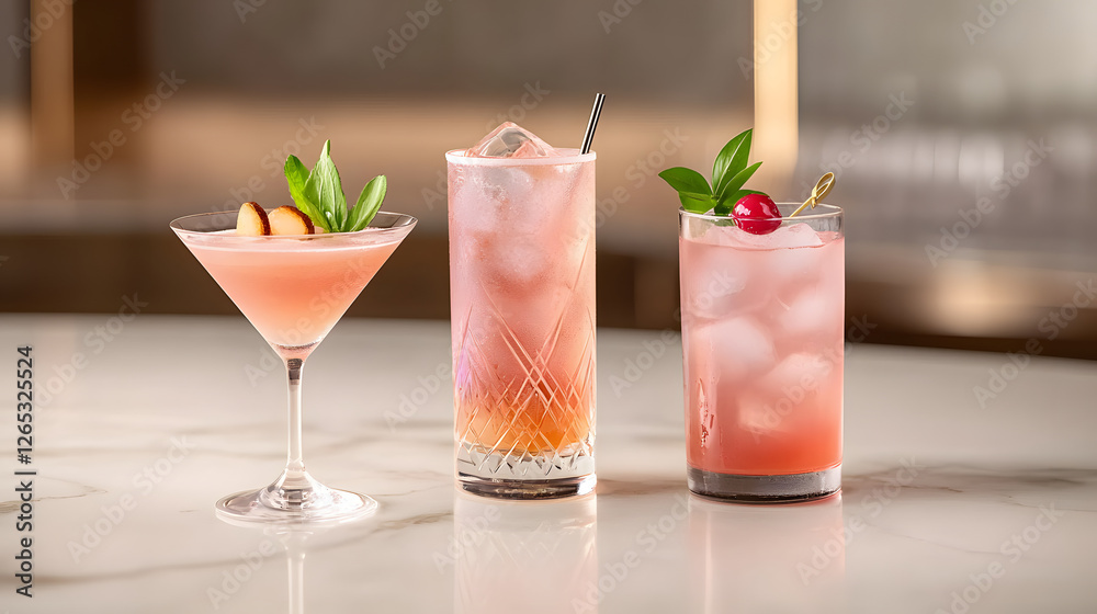 Elegant cocktail arrangement featuring three colorful drinks on marble surface, showcasing sophisticated atmosphere. Perfect for celebrations or gatherings Elegant cocktail arrangement featuring three colorful drinks on marble surface, showcasing sophisticated atmosphere. Perfect for celebrations or gatherings