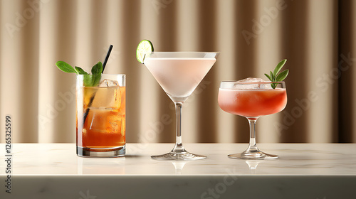 Elegant cocktail arrangement featuring classic drink, martini, and refreshing cocktail. Perfect for celebrations or gatherings, showcasing vibrant colors and garnishes