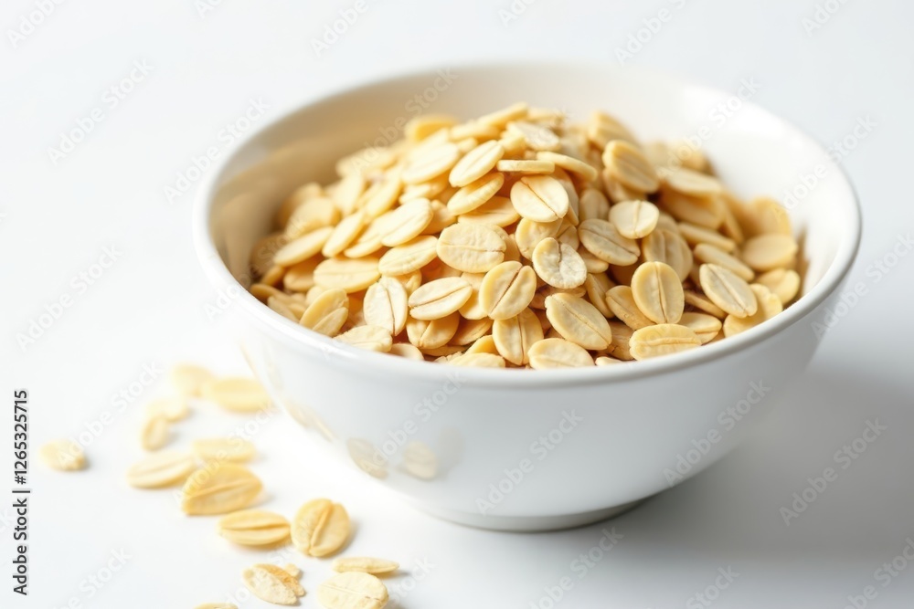 Rolled oats in a white bowl against white backdrop , delicious, energy boost, grain Rolled oats in a white bowl against white backdrop , delicious, energy boost, grain