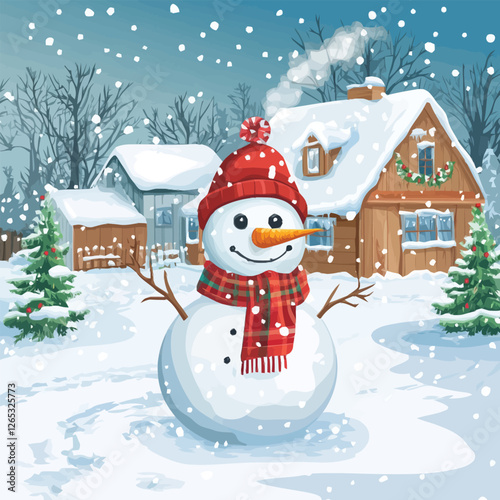 A vector of a snowman with scarf and hat in a snowy yard