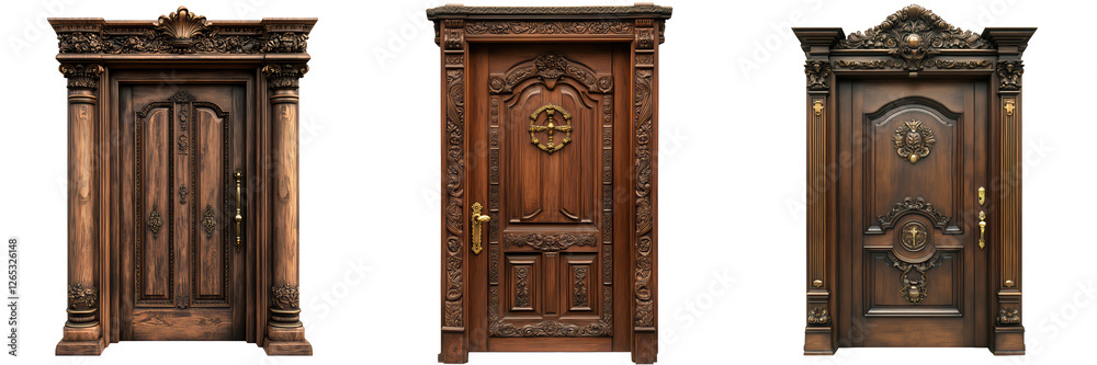 Fototapeta premium Ornate Wooden Doors with Intricate Designs and Decorative Details, isolated on transparent background.