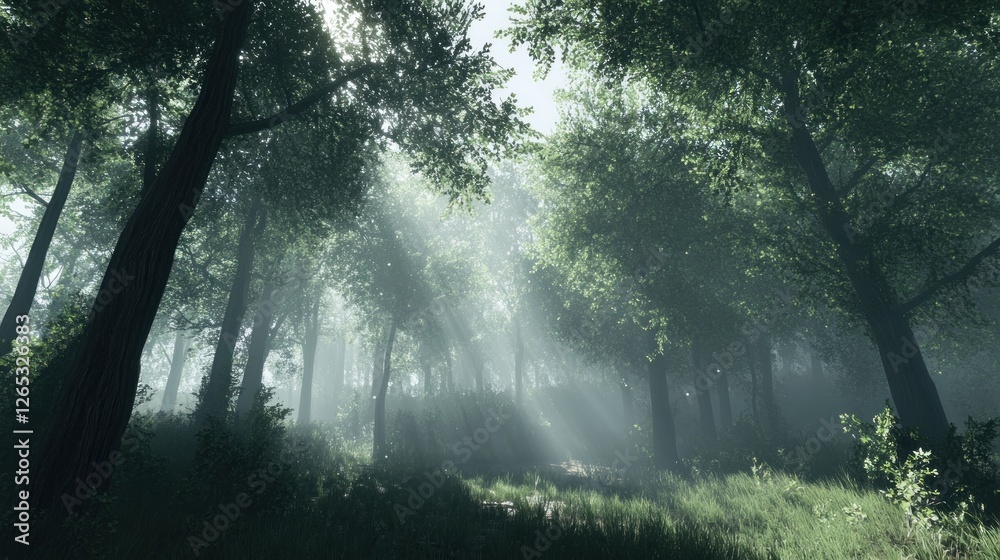 Sunbeams pierce misty forest path (1) Sunbeams pierce misty forest path (1)