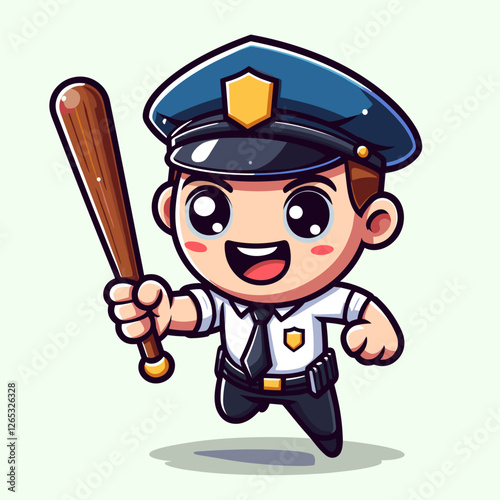 Excited police officer running with a baton