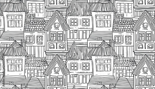 House pattern. Doodle sketch style seamless background. Hand drawn home with roof perfect any project for texture, print.