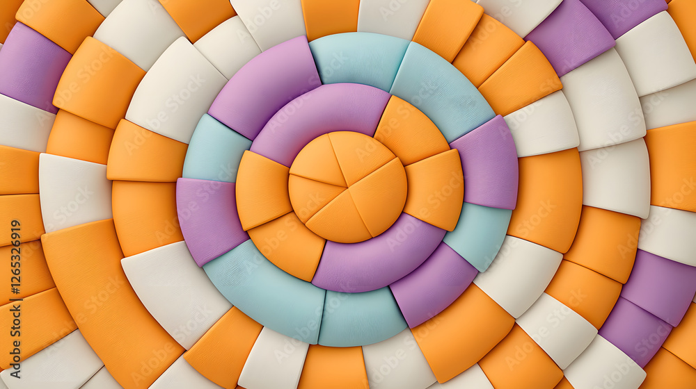 Fototapeta premium Intricate circular and square shapes create vibrant pattern in orange, purple, and blue tones, evoking sense of playfulness and creativity