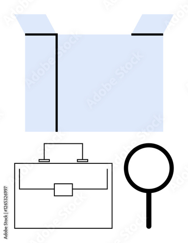 Open box above a simple briefcase and magnifying glass. Ideal for discovery, research, business analysis, organization, problem-solving, searching, creativity. Abstract line flat metaphor