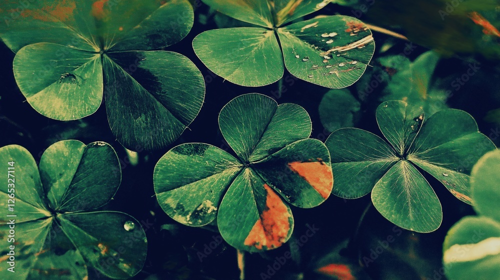 Grunge-style close-up of a four-leaf clover with dewdrops, St. Patrick's Day theme Grunge-style close-up of a four-leaf clover with dewdrops, St. Patrick's Day theme