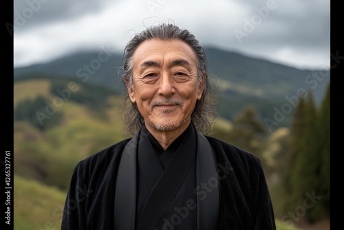 Man smiles warmly in traditional attire against a backdrop of hills and cloudy sky during a serene moment of reflection