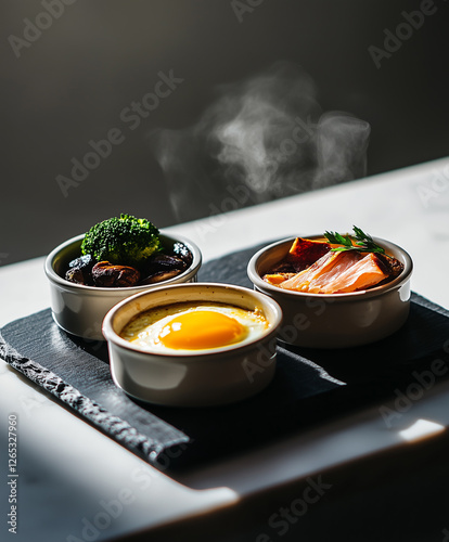 Gourmet Trio of Mini Breakfast Casseroles with Vibrant Toppings