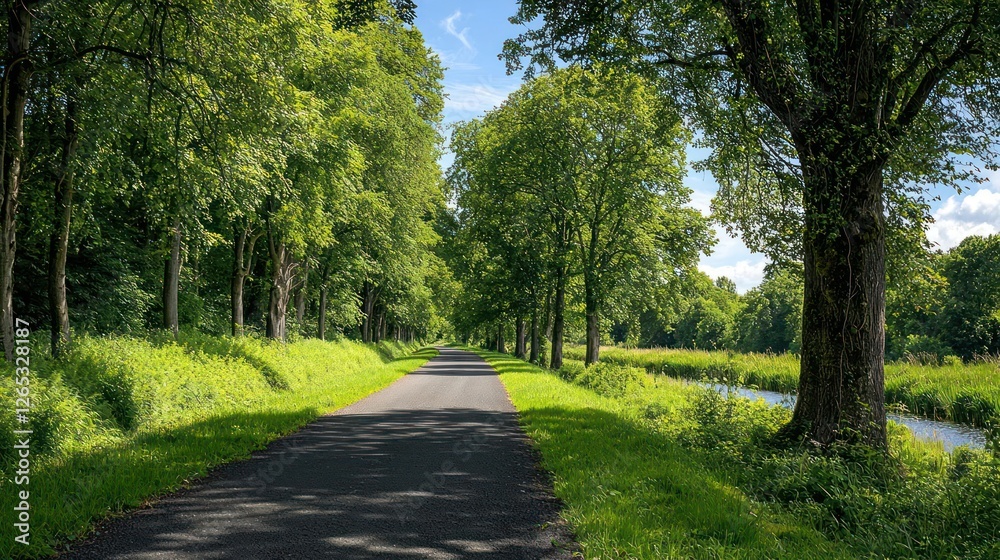 Tree Lined Path Along Canal In Green Summer Landscape Tree Lined Path Along Canal In Green Summer Landscape