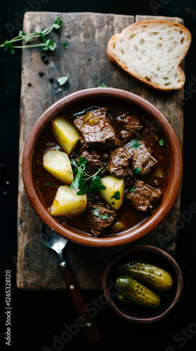A Hungarian goulash served in a rustic bowl, with tender beef chunks in a rich, paprika-infused sauce, swith potatoes and pickles, served on a wooden board, on the black surface