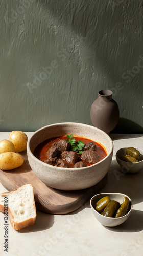 A Hungarian goulash served in a modern bowl, with tender beef chunks in a rich, paprika-infused sauce, swith potatoes and pickles, minimalist clean styling with hard shadows, hard shadows.
