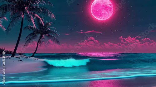 Experience a tranquil beach environment illuminated by a striking pink moon. The gentle waves lap at the shore while palm trees sway softly in the tropical breeze.