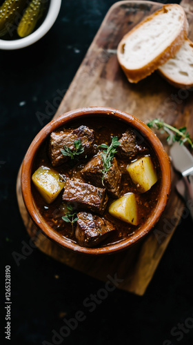 A Hungarian goulash served in a rustic bowl, with tender beef chunks in a rich, paprika-infused sauce, swith potatoes and pickles, served on a wooden board, on the black surface