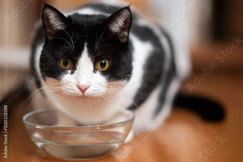 Wallpaper Mural Portrait of a beautiful black and white cat drinking water from a transparent bowl Torontodigital.ca