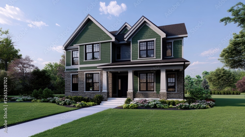 Suburban green house, landscaping, sunny day Suburban green house, landscaping, sunny day
