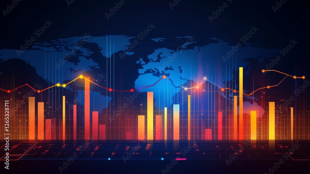 Naklejka premium Global Financial Market, Digital Growth Trends with Candle Charts and World Map, Vector Illustration