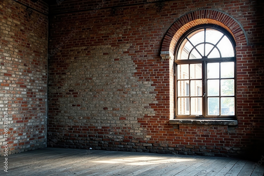 Fototapeta premium Weathered brick wall, arched window, old factory , grunge, factory exterior
