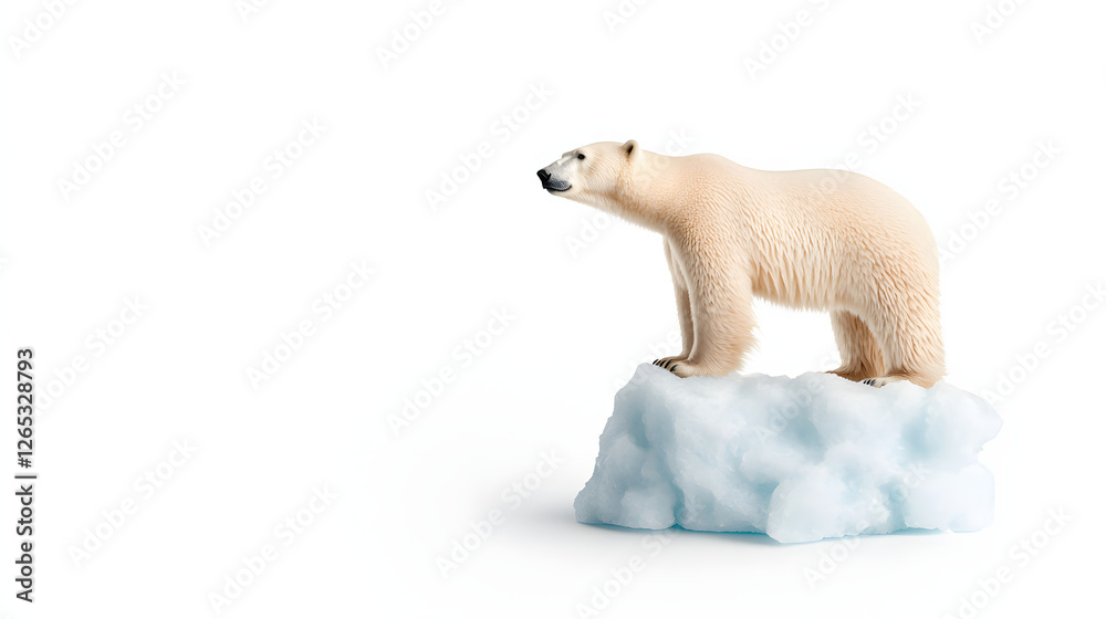 Fototapeta premium polar bear standing on block of ice, showcasing impact of climate change on wildlife. This majestic creature symbolizes urgent need for environmental awareness