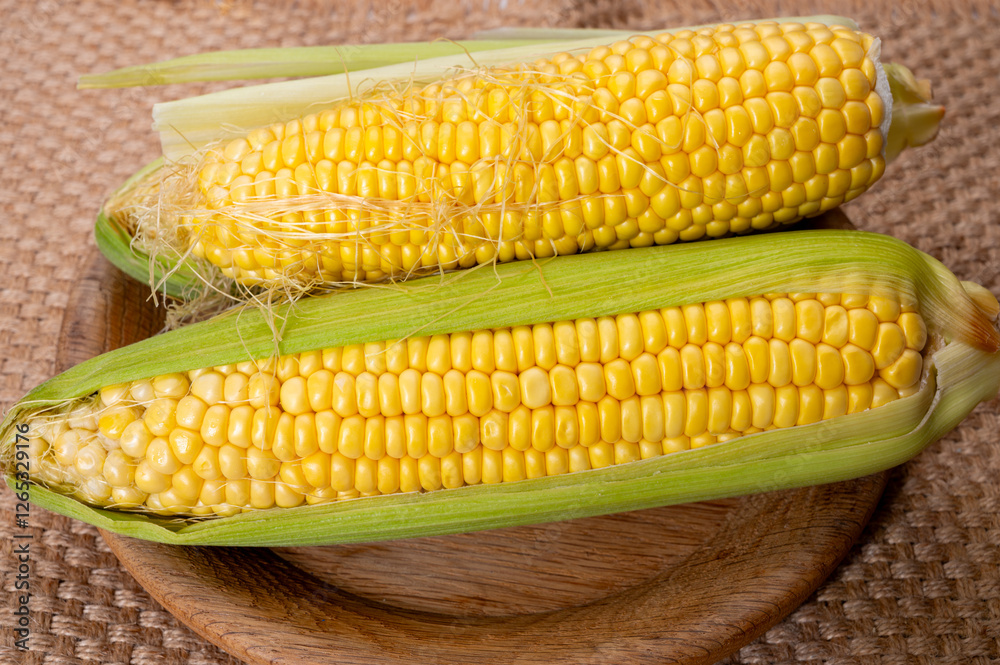 Fresh yellow ripe sweet raw corn, sugar corn or pole corn, variety of maize, uncooked Fresh yellow ripe sweet raw corn, sugar corn or pole corn, variety of maize, uncooked