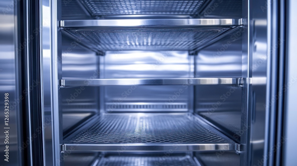 Empty lab freezer shelves, sterile, science Empty lab freezer shelves, sterile, science