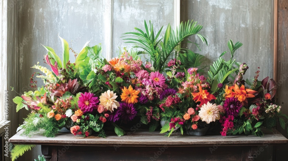 Naklejka premium Vibrant floral arrangement on wooden table in a room with textured wall