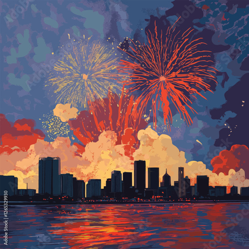 A vector of fireworks exploding over a city skyline