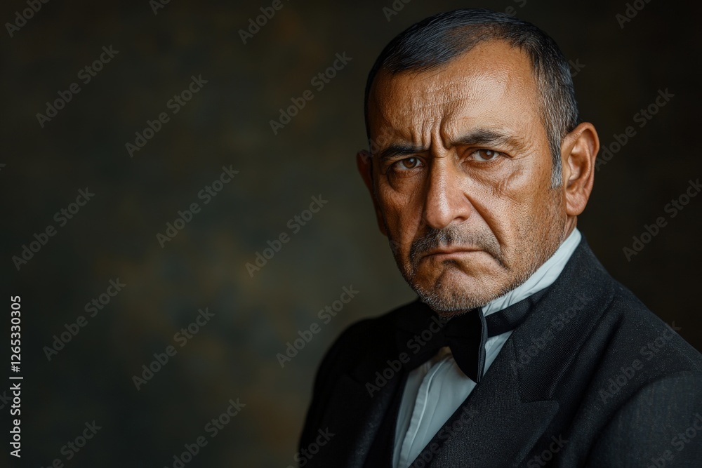 Portrait of a serious older man in formal attire with a bow tie and an intense expression captured indoors Portrait of a serious older man in formal attire with a bow tie and an intense expression captured indoors