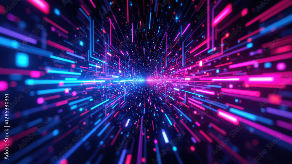 Naklejka premium Ci/cd pipeline visualized with colorful abstract shapes and lights, representing fluid workflows and real-time updates in a devops environment.