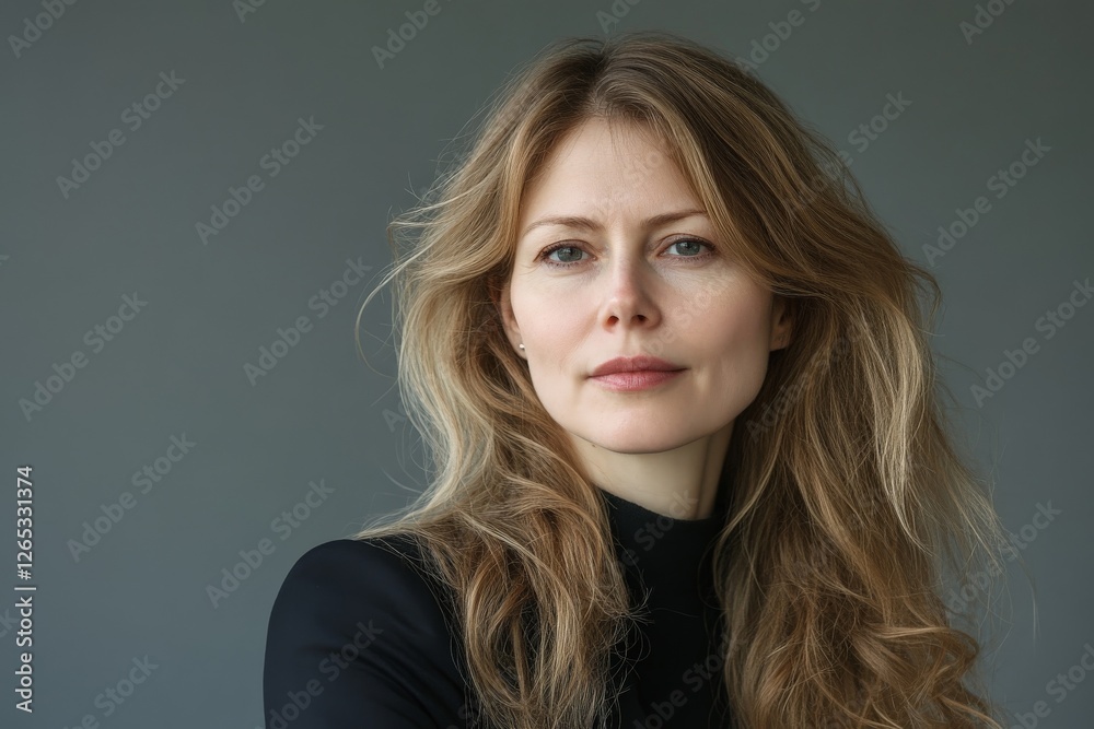 Woman with flowing hair poses confidently against a neutral background in a studio setting Woman with flowing hair poses confidently against a neutral background in a studio setting