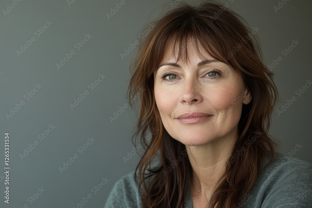 Portrait of a confident woman with brown hair in a casual setting showcasing natural beauty and serenity Portrait of a confident woman with brown hair in a casual setting showcasing natural beauty and serenity