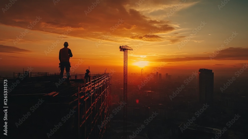 Fototapeta premium Construction worker sunset cityscape view