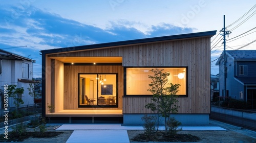 Modern wooden house design with an asymmetrical sloped roof
