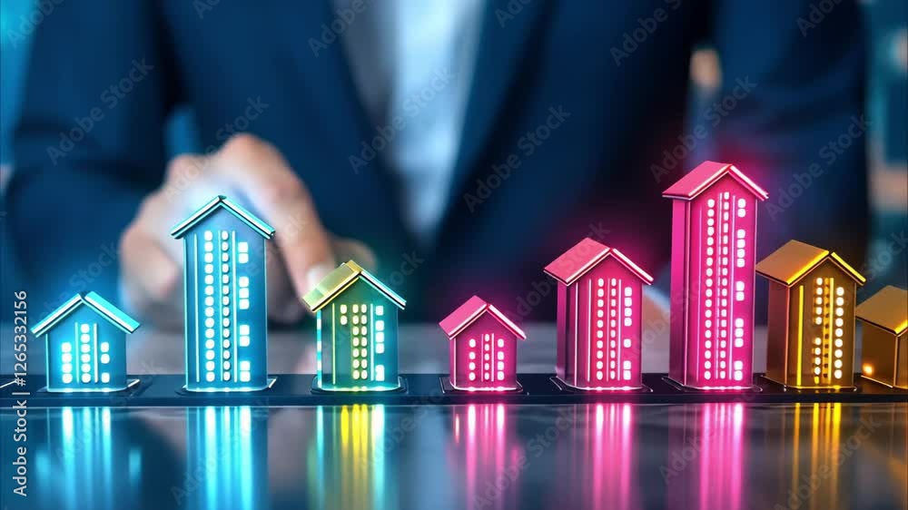 A person is analyzing a colorful graphical representation of increasing house prices or real estate trends.