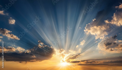 sunrise sky with sun golden rays breaking through the dark clouds nature background hope concept