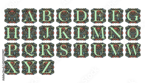 Full set of medieval illuminated manuscript letter initials, hand-drawn vector illustration, medieval ornamental alphabet
