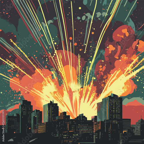 A vector of fireworks exploding over a city skyline