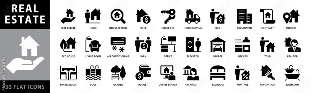 Real estate icon set. With Symbols like address, house, key, contract, smart home, building, contract, renovation, realtor, kitchen, bedroom, living room, bathroom. BW icon vector collection Real estate icon set. With Symbols like address, house, key, contract, smart home, building, contract, renovation, realtor, kitchen, bedroom, living room, bathroom. BW icon vector collection