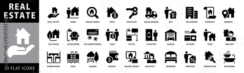 Real estate icon set. With Symbols like address, house, key, contract, smart home, building, contract, renovation, realtor, kitchen, bedroom, living room, bathroom. BW icon vector collection