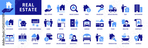 Real estate icon set. With Symbols like address, house, key, contract, smart home, building, contract, renovation, realtor, kitchen, bedroom, living room, bathroom. Blue icon vector collection