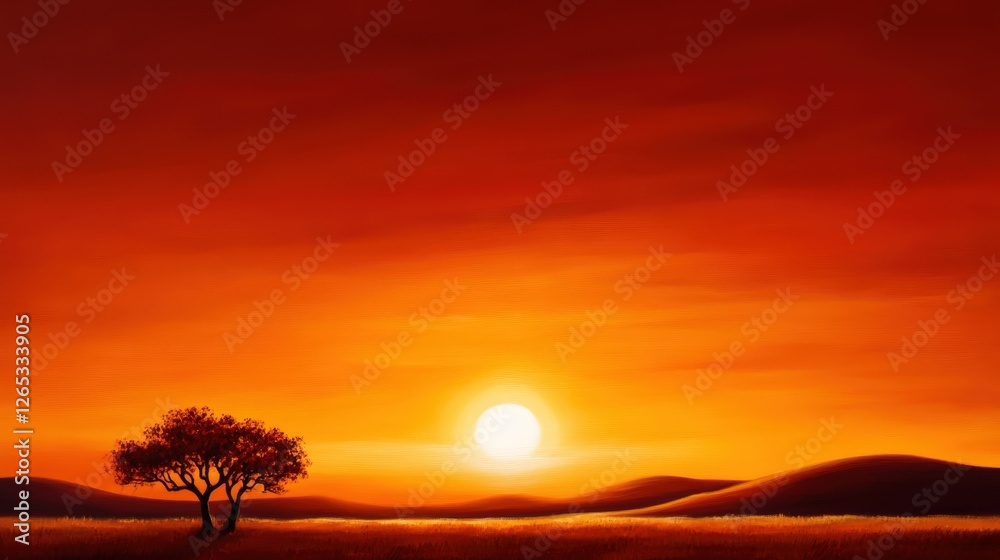 A stunning sunset paints the sky in vibrant shades of orange and red, silhouetted against a lone tree on rolling hills. The serene atmosphere invites contemplation and reverie. A stunning sunset paints the sky in vibrant shades of orange and red, silhouetted against a lone tree on rolling hills. The serene atmosphere invites contemplation and reverie.