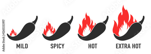 Spice level marks: mild, spicy, hot and extra hot. Symbol of pepper with fire. Vector spicy food mild and extra hot sauce, chili pepper red icons