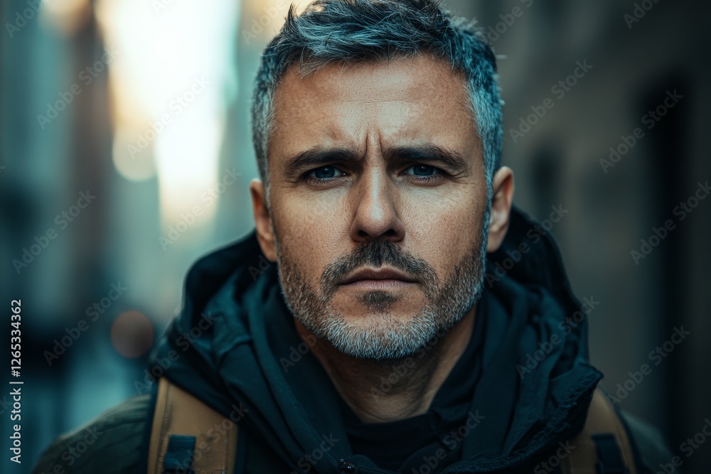 Man with gray hair and rugged look stands confidently in urban street during late afternoon Man with gray hair and rugged look stands confidently in urban street during late afternoon