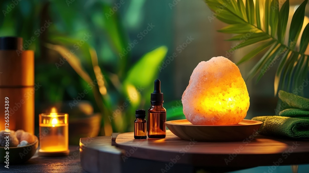 A tranquil setting featuring a glowing salt lamp, essential oils, and candles amidst lush greenery. Perfect for relaxation and wellness, evoking calmness and serenity. A tranquil setting featuring a glowing salt lamp, essential oils, and candles amidst lush greenery. Perfect for relaxation and wellness, evoking calmness and serenity.