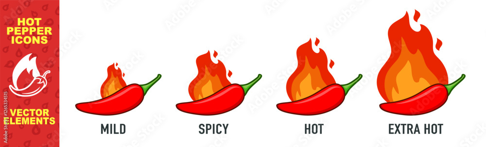 Spice level marks: mild, spicy, hot and extra hot. Symbol of pepper with fire. Vector spicy food mild and extra hot sauce, chili pepper red icons