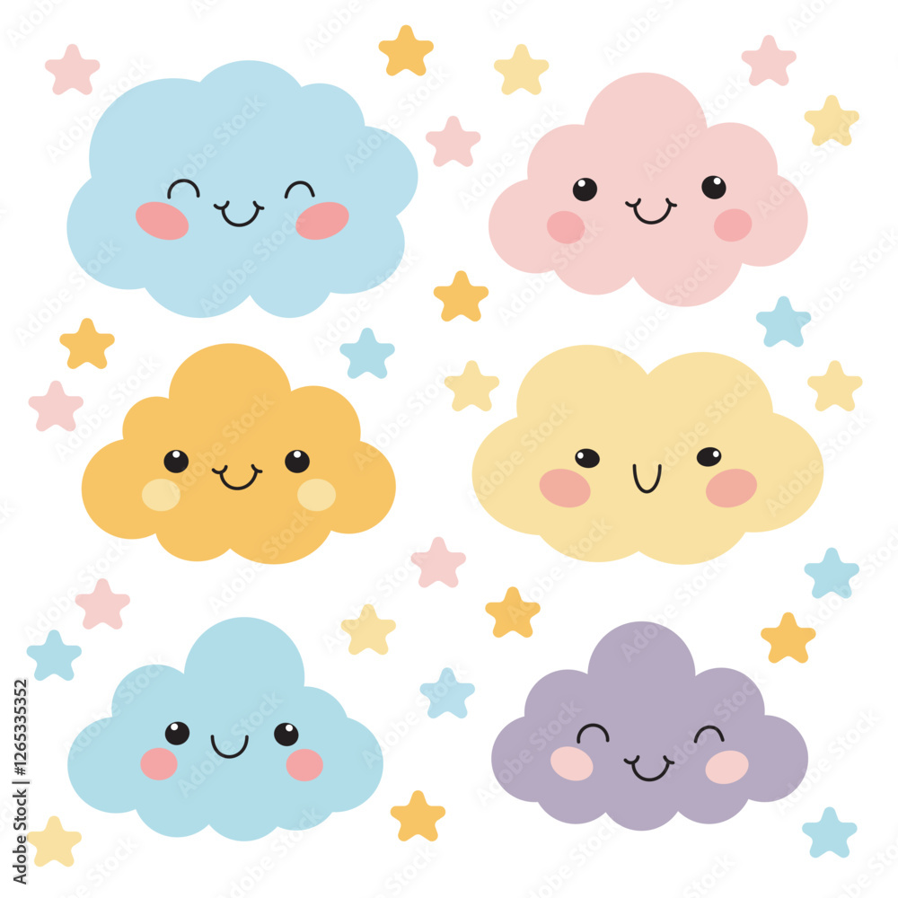Clouds set in cute cartoon flat style vector illustration. Cloud for decoration. Clouds elements for newborn, nursery, stickers Clouds set in cute cartoon flat style vector illustration. Cloud for decoration. Clouds elements for newborn, nursery, stickers