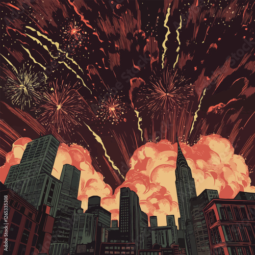 A vector of fireworks exploding over a city skyline